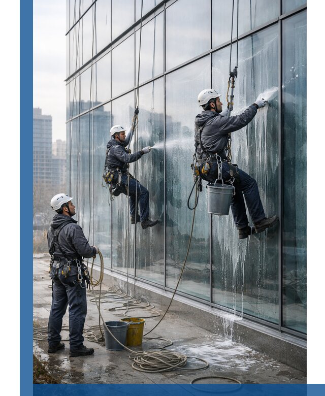 Промышленная мойка панорамных окон на высоте в Мценске