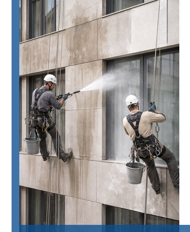 Послестроительная мойка фасада промышленным альпинизмом в Мценске