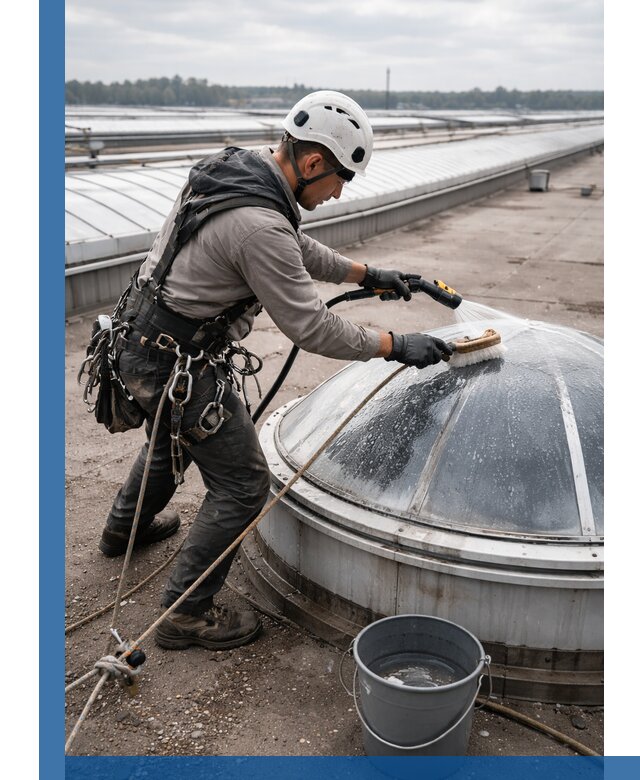 Мойка зенитных фонарей на кровле для промышленных объектов в Мценске