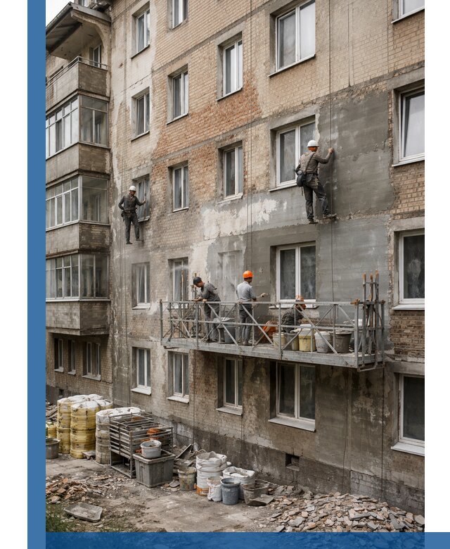 Капитальный ремонт фасада в Мценске с восстановлением и гидроизоляцией