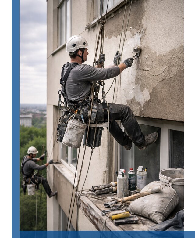 Косметический ремонт фасада зданий в Мценске промышленными альпинистами