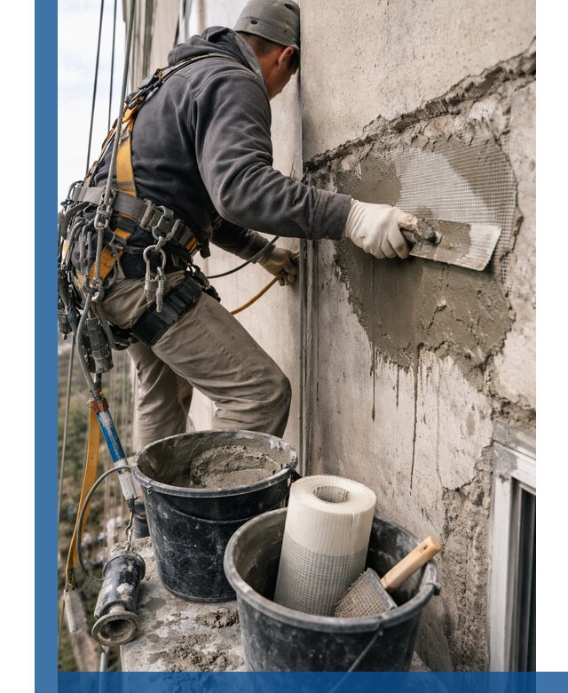 Ремонт бетонных элементов фасада промышленными альпинистами в Мценске