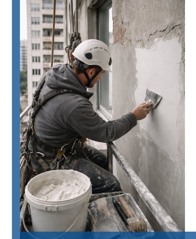 Шпаклевка фасадов на высоте с промальпинистами в Мценске