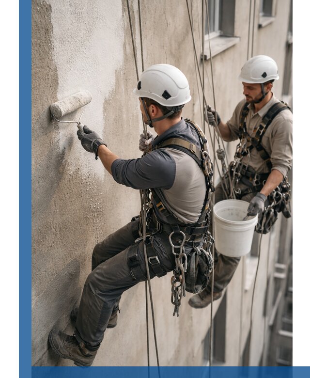 Грунтовка фасада на высоте в Мценске промышленными альпинистами