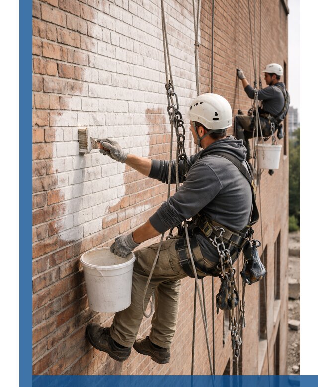 Покраска кирпичного фасада с доступным альпинистским сервисом в Мценске