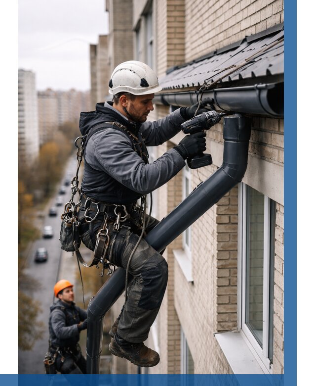 Монтаж водосточной системы на здании в Мценске от 5064 р. | ВЫСОТНИК-Мцн