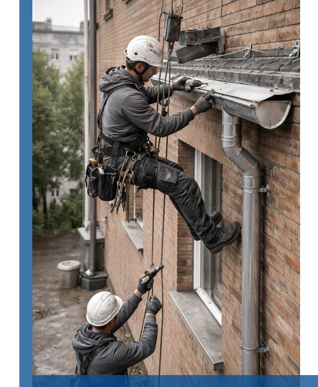 Монтаж водосточной системы на здании в Мценске под ключ