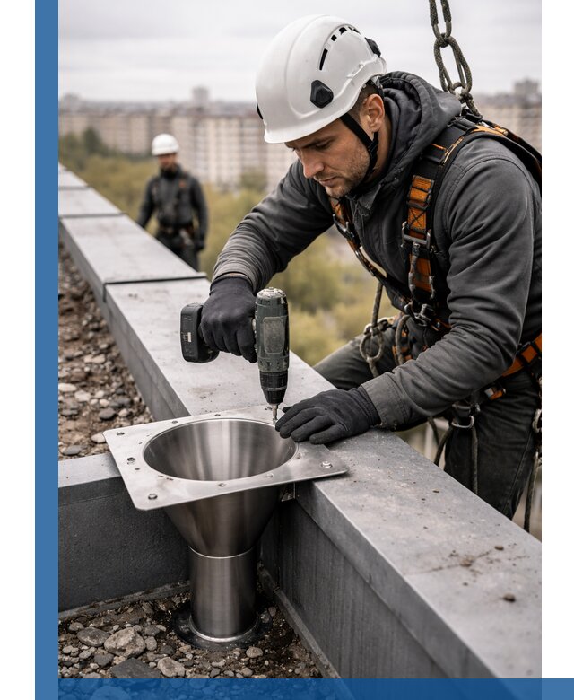 Монтаж водосточных воронок в Мценске для промышленных зданий