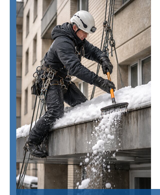 Очистка козырьков от снега в Мценске круглогодично безопасно