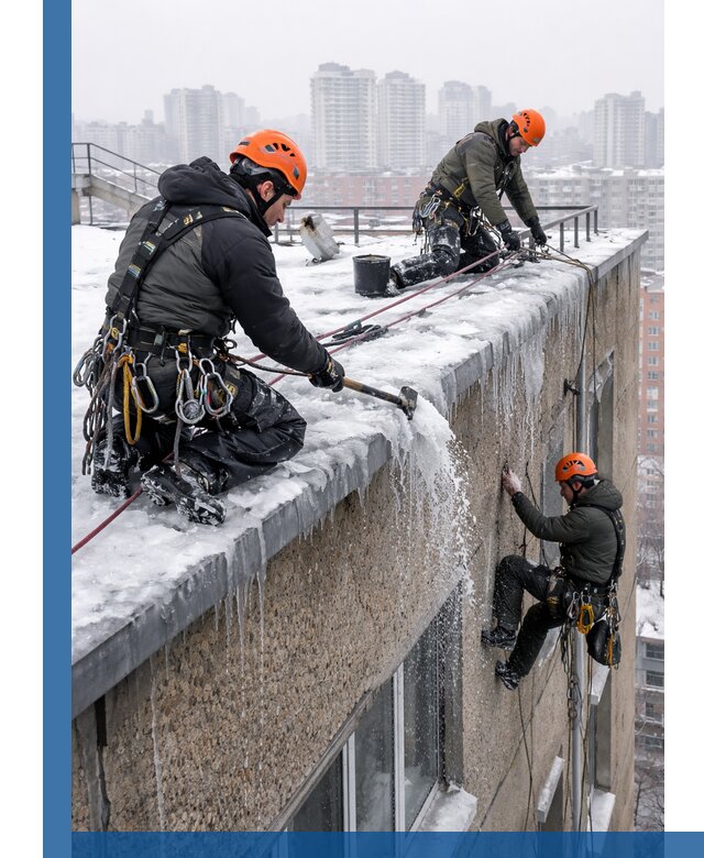 Удаление наледи с кровли в Мценске промышленными альпинистами