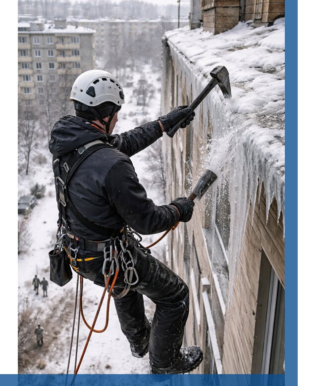 Сбивание сосулек с крыши в Мценске по цене от 4557 р. | ВЫСОТНИК-Мцн