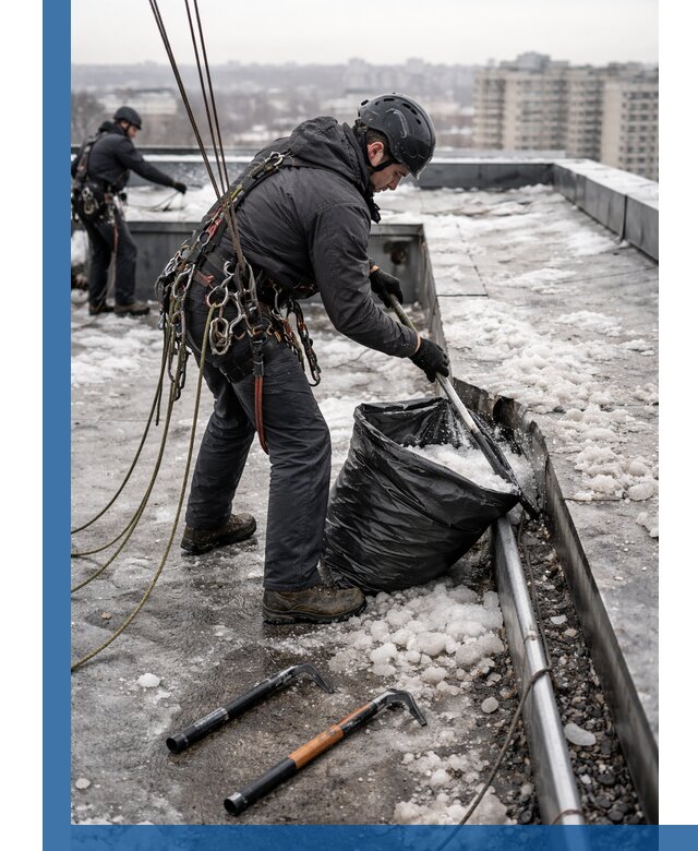 Аварийная очистка кровли в Мценске от промальпинистов