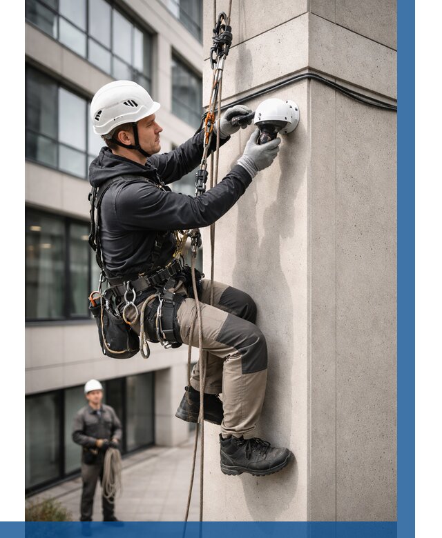 Монтаж камер видеонаблюдения на фасаде в Мценске от 8608 р.-ВЫСОТНИК-Мцн