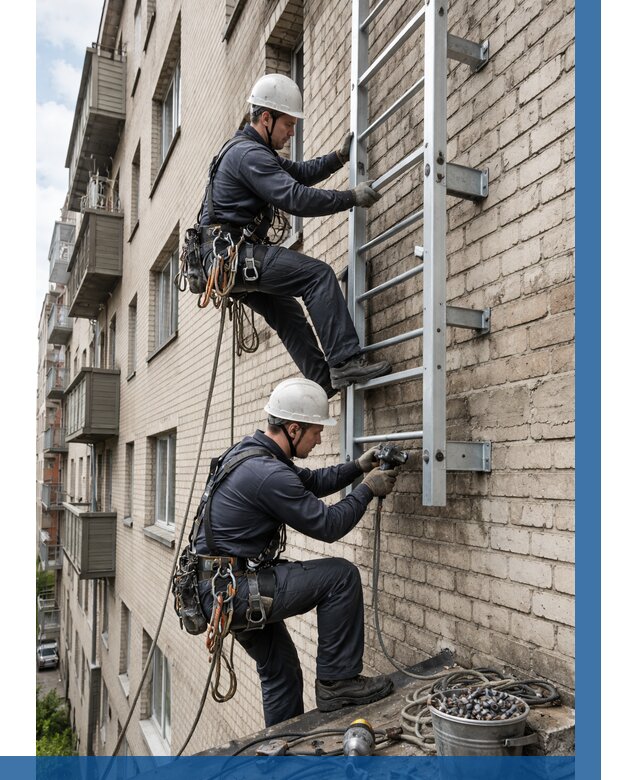 Монтаж пожарной лестницы в Мценске от 25318 р заказать у ВЫСОТНИК-Мцн