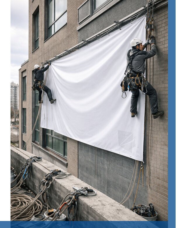 Монтаж баннеров на фасаде в Мценске от 658 р. заказать ВЫСОТНИК-Мцн