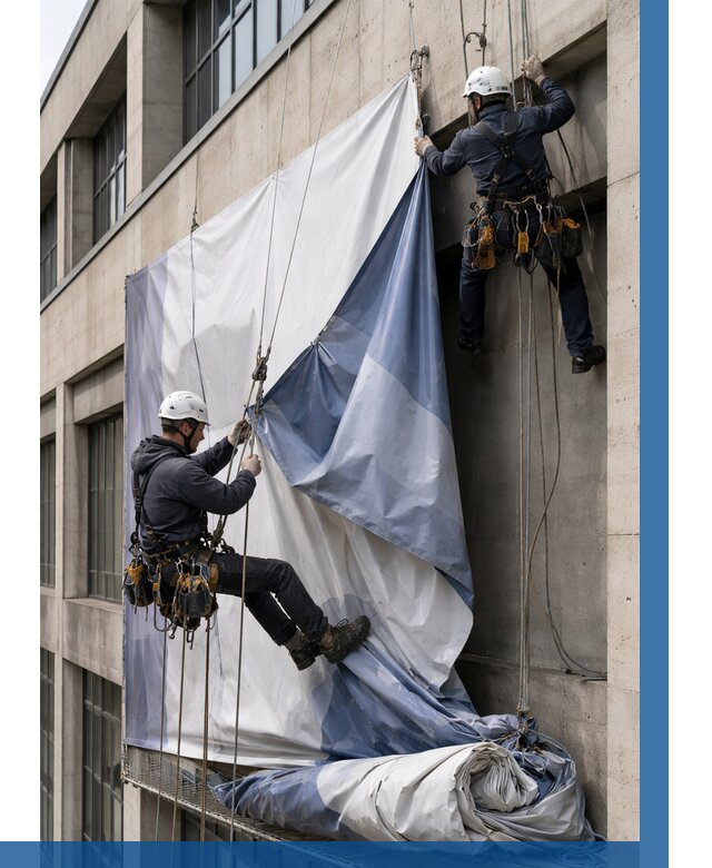 Демонтаж баннеров с фасада в Мценске от 4557 р. | ВЫСОТНИК-Мцн