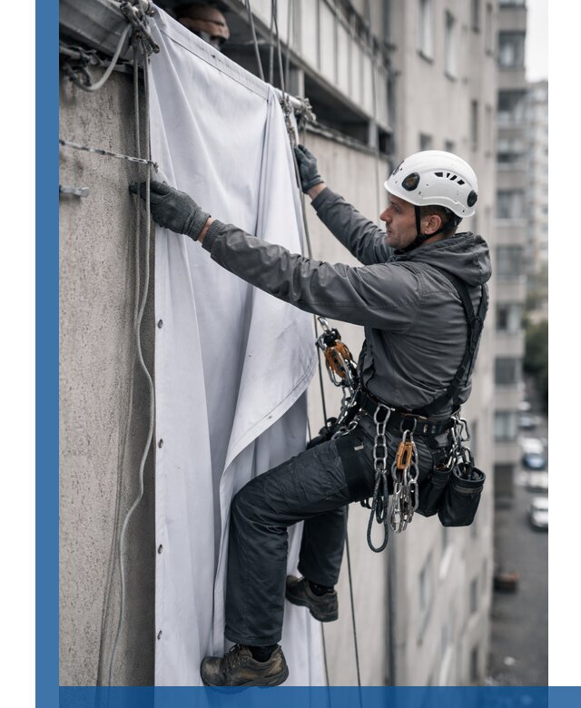 Замена баннерного полотна промышленными альпинистами в Мценске