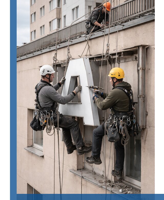 Ремонт и восстановление наружных вывесок на высоте в Мценске