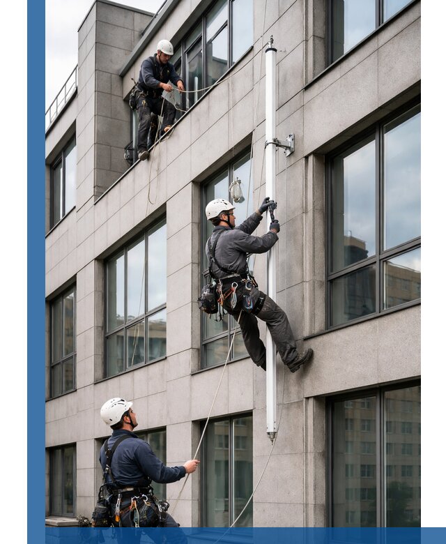 Монтаж флагштока на фасаде здания с креплением и герметикой в Мценске