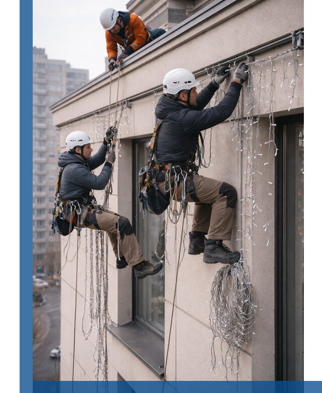 Монтаж праздничных гирлянд на фасаде в Мценске для зданий