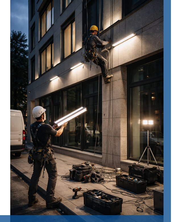 Монтаж архитектурной подсветки здания в Мценске от 2532 р.|ВЫСОТНИК-Мцн