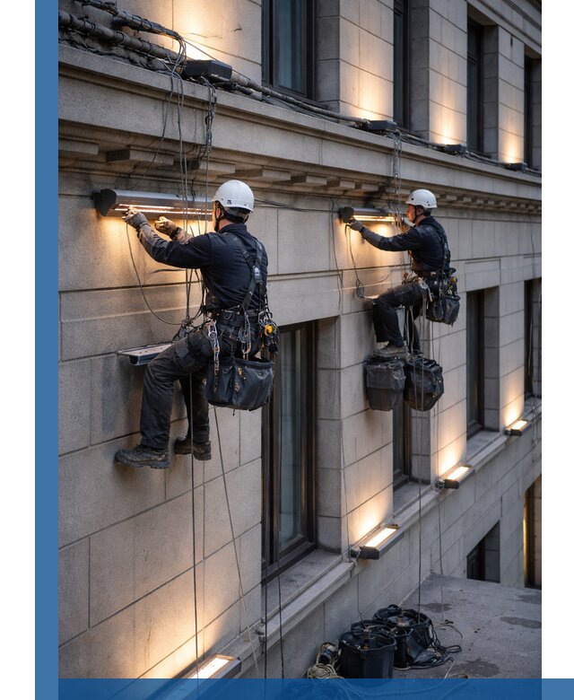 Монтаж архитектурной подсветки фасадов зданий в Мценске