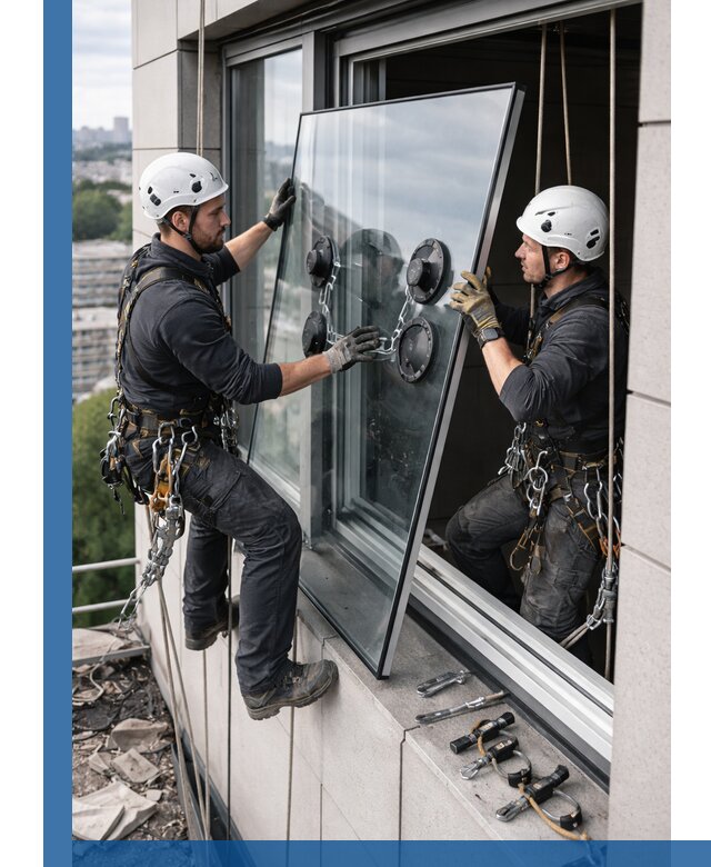 Замена стеклопакетов на высоте с промышленными альпинистами в Мценске