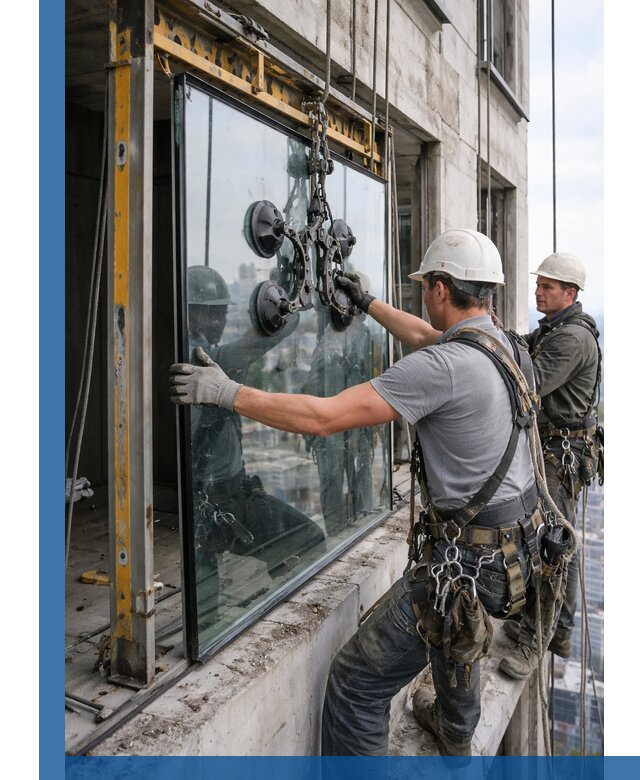 Монтаж стеклопакетов на высоте в Мценске с промышленным альпинизмом
