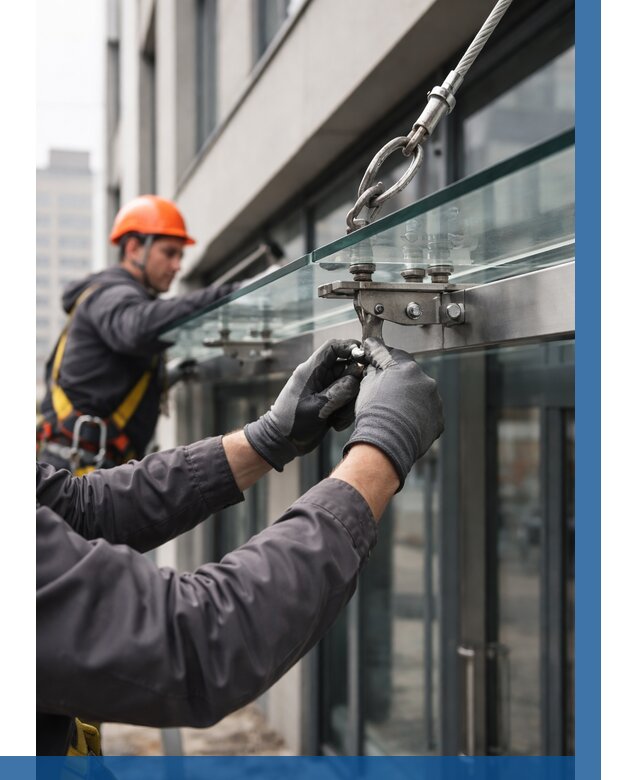 Монтаж стеклянных козырьков в Мценске от 8608 р. | ВЫСОТНИК-Мцн