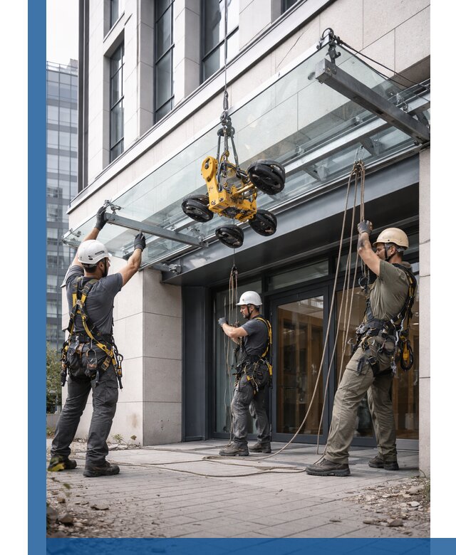 Монтаж стеклянных козырьков под ключ в Мценске для зданий