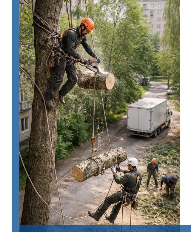 Спил деревьев альпинистами в Мценске, безопасно и без повреждений