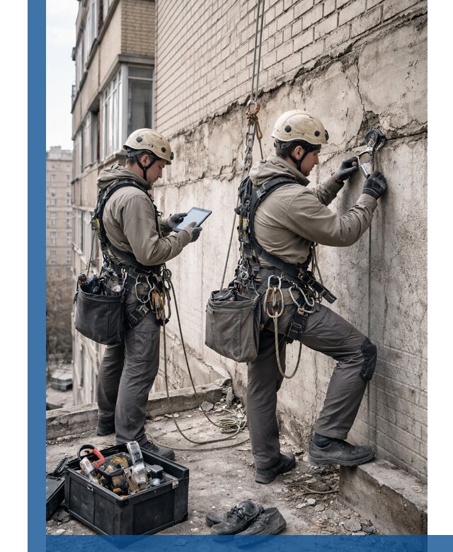 Обследование фасада промышленными альпинистами в Мценске